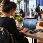 Remote worker using a laptop securely on public Wi-Fi in an airport lounge