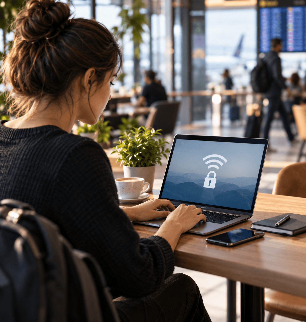 Remote worker using a laptop securely on public Wi-Fi in an airport lounge